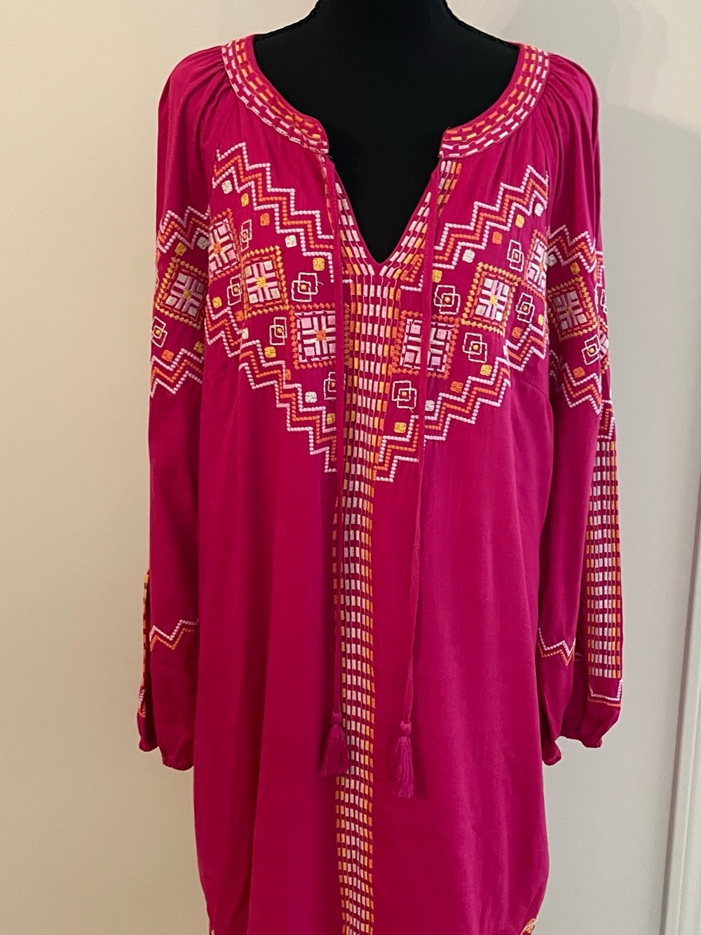 Artsy Tunic Dress Pink Flowy Festival Embroidered Tribal Hippie Boho Feminine